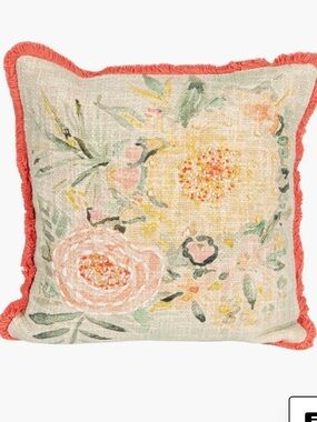 Storied Home Multi-Color Embroidered Floral Throw Pillow with Coral Fringe